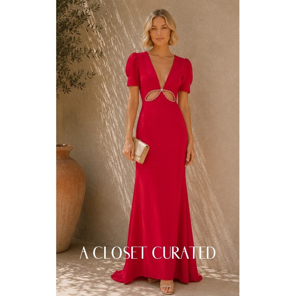 Mac Duggal V Neck Embellished Cut Out Gown Maxi Dress 8 Red NWT Style 2530